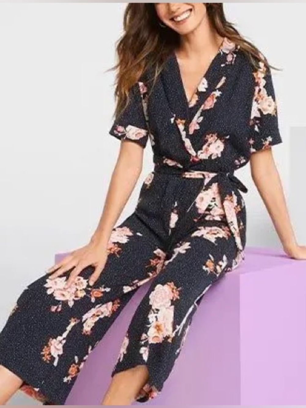 FRNCH Navy wrap front jumpsuit with Pink Floral Print and Self-Tie Waist